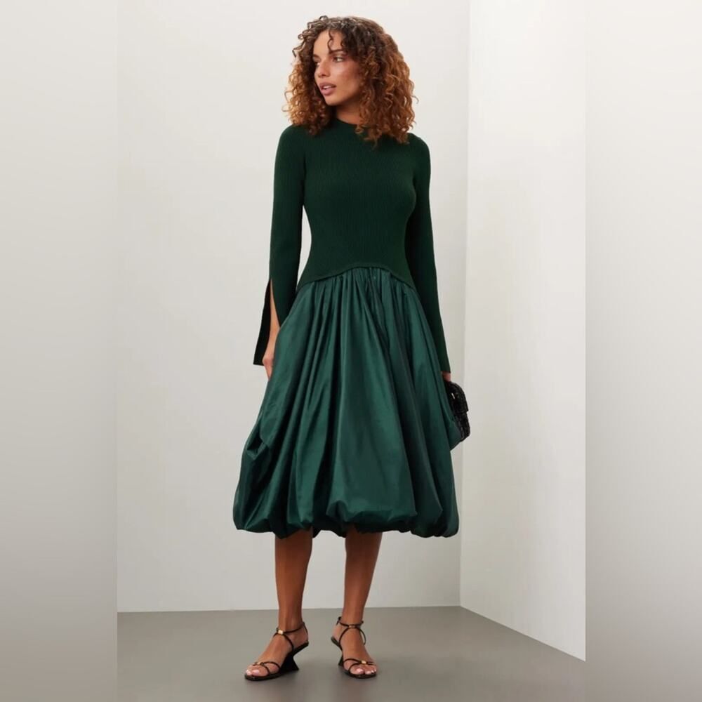 JONATHAN SIMKHAI | Kenlie Midi Dress Long Sleeve Mock Neck Emerald Green